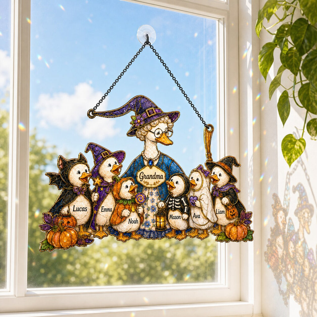 Personalized Grandma Goose & Grandkids Halloween Holographic Acrylic Suncatcher