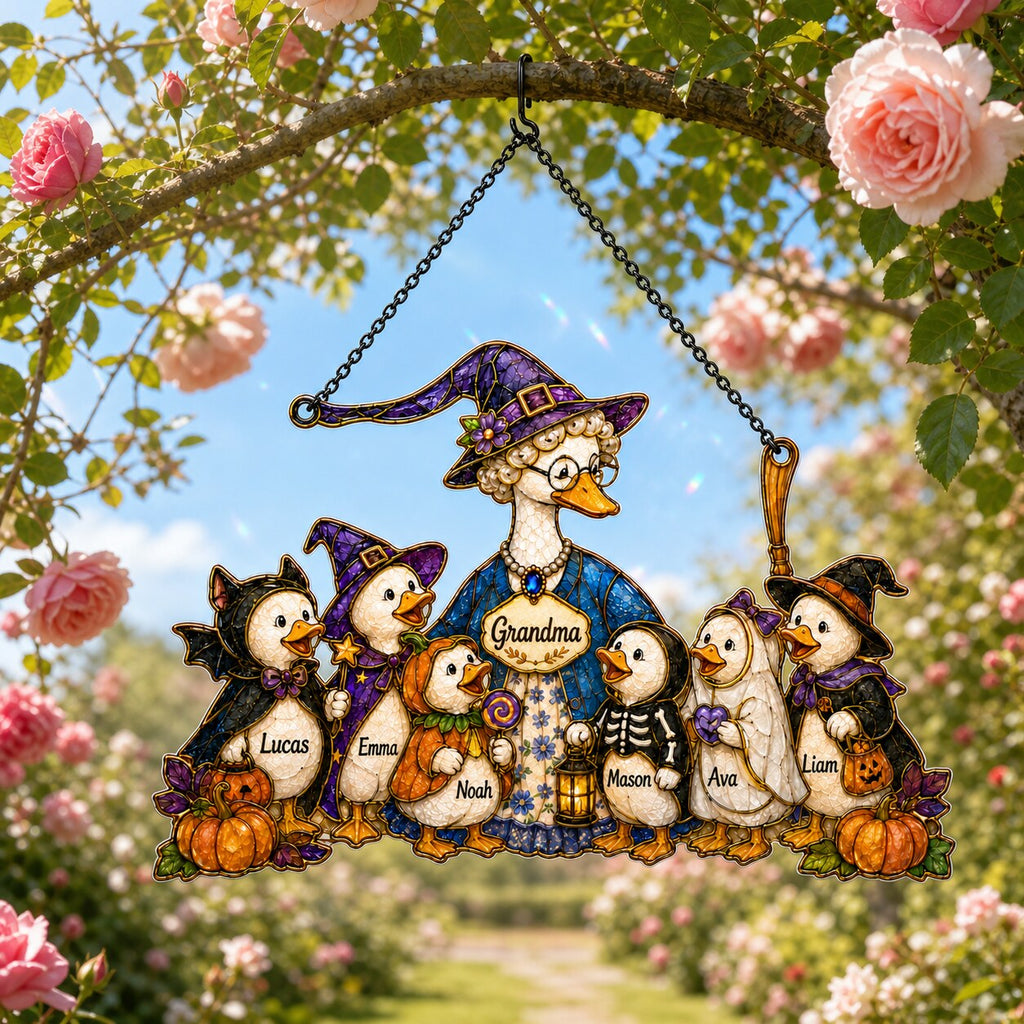 Personalized Grandma Goose & Grandkids Halloween Holographic Acrylic Suncatcher
