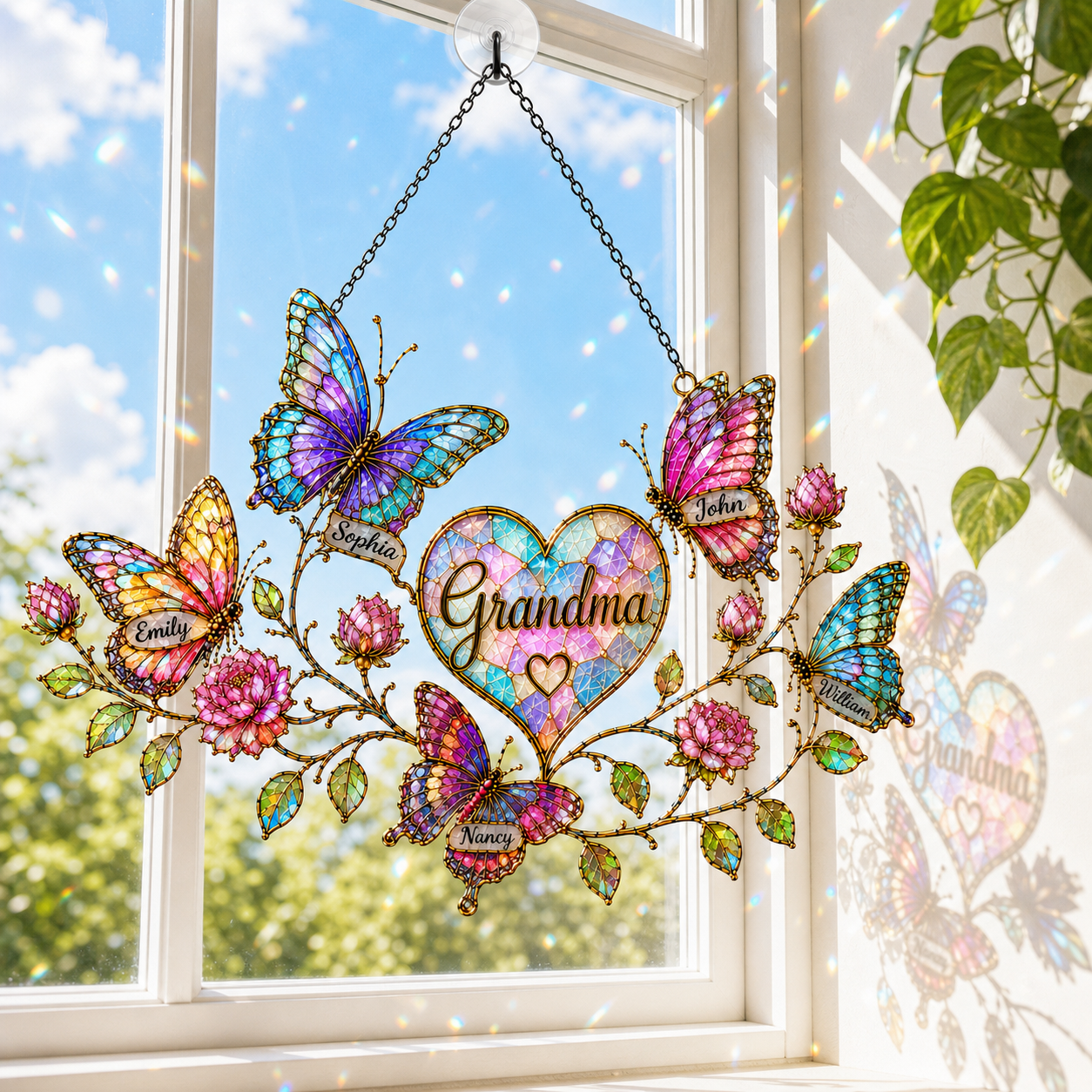 Personalized Grandma Butterfly & Heart Holographic Acrylic Suncatcher