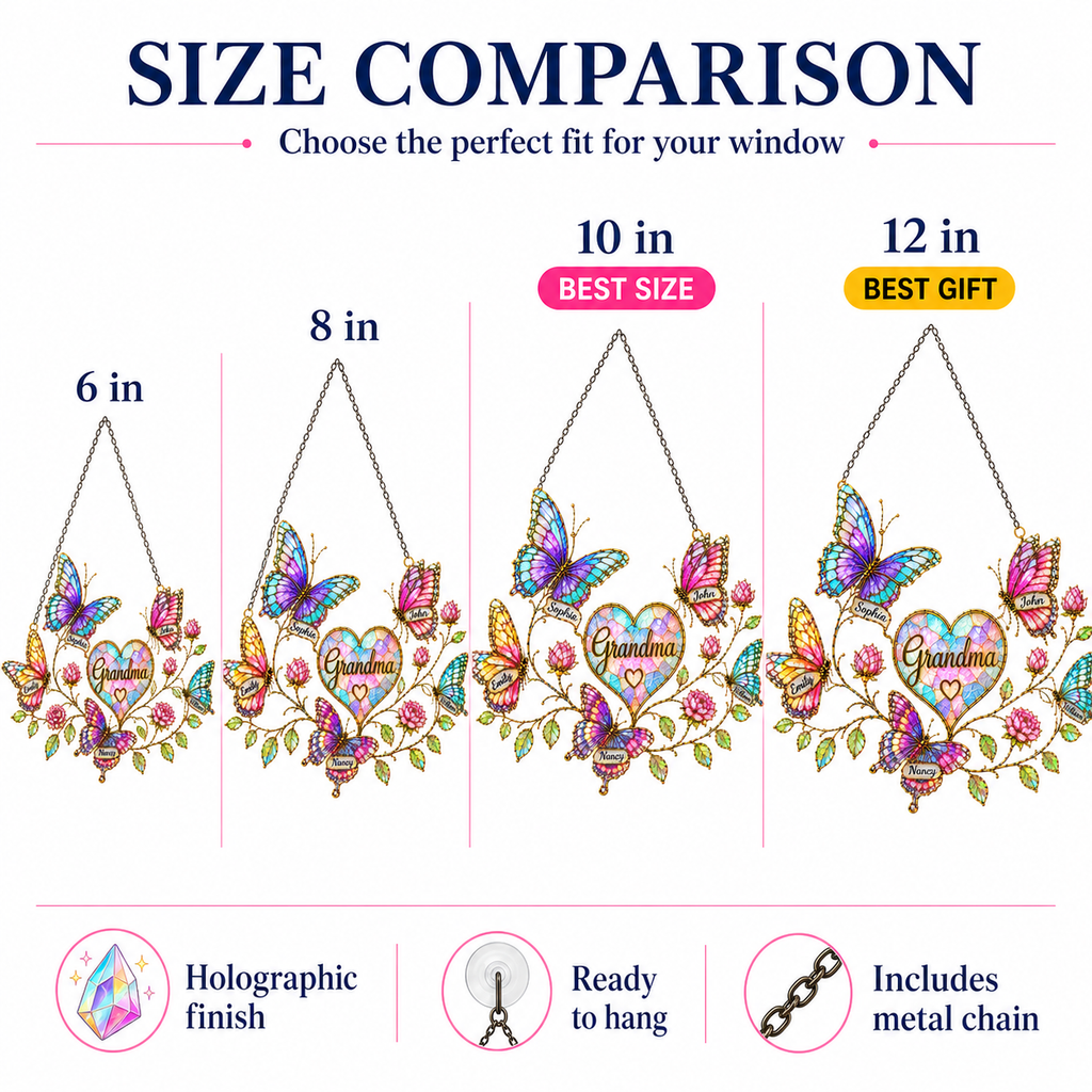 Personalized Grandma Butterfly & Heart Holographic Acrylic Suncatcher