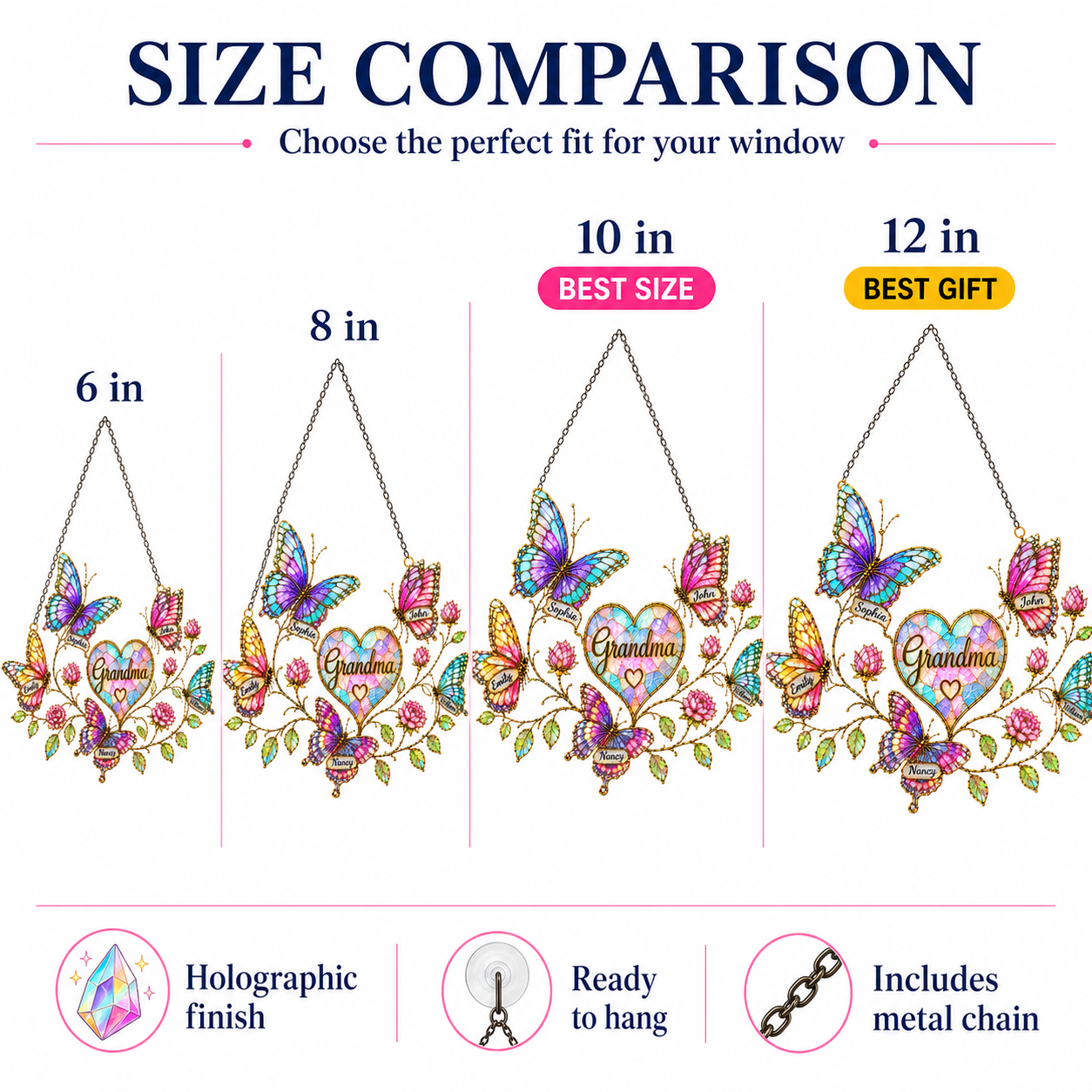 Personalized Grandma Butterfly & Heart Holographic Acrylic Suncatcher