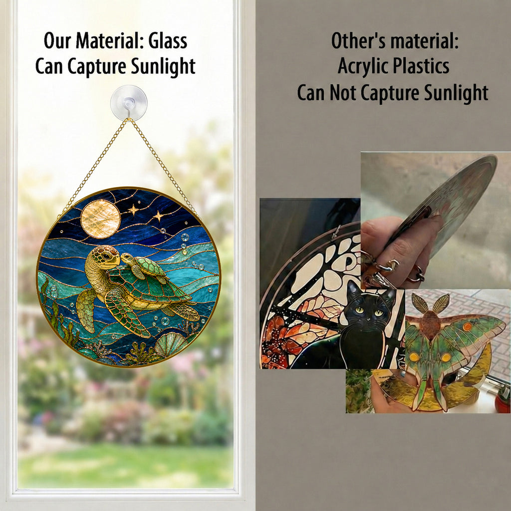 Stained glass panel with turtle design hanging by a window, comparing glass to acrylic plastics.