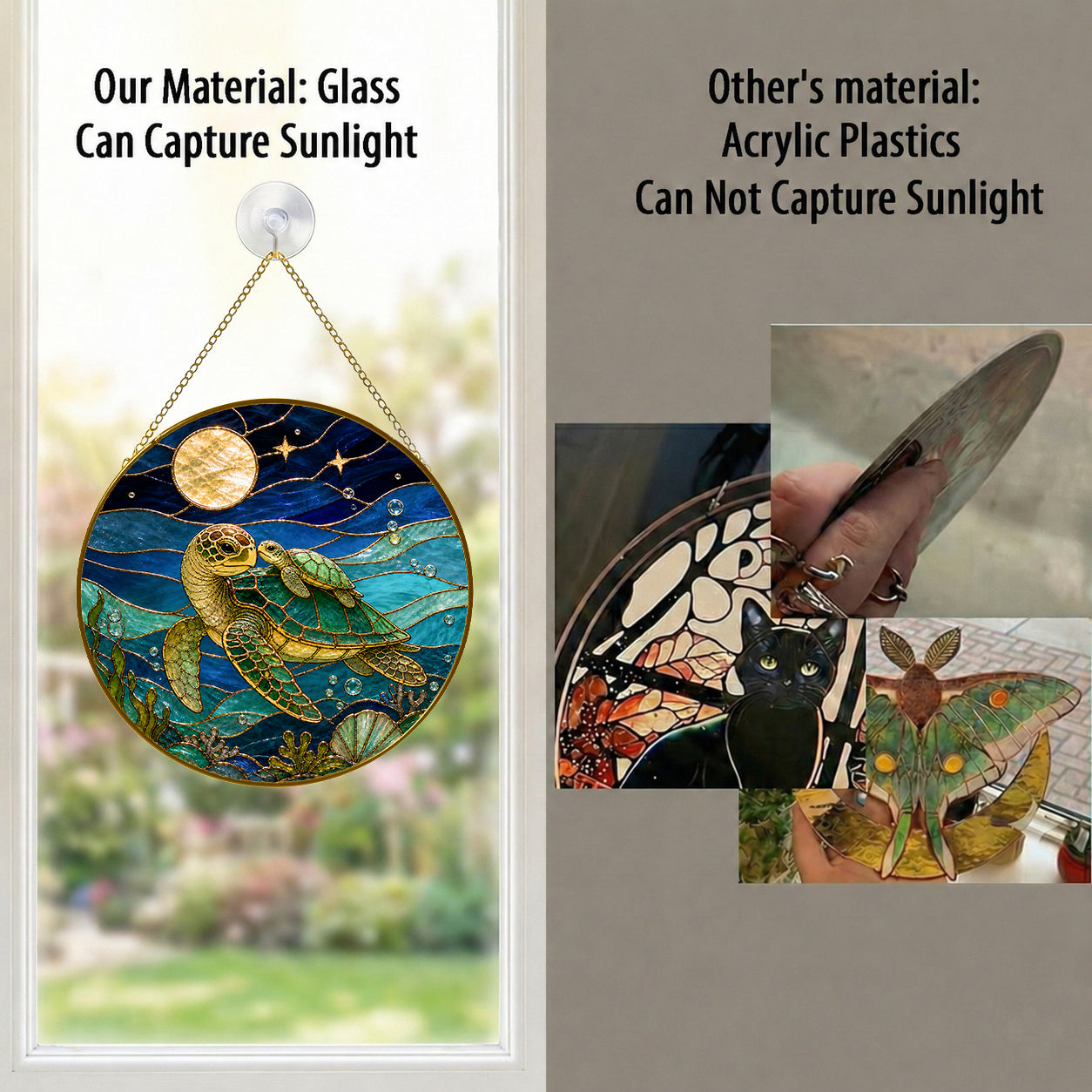 Stained glass panel with turtle design hanging by a window, comparing glass to acrylic plastics.