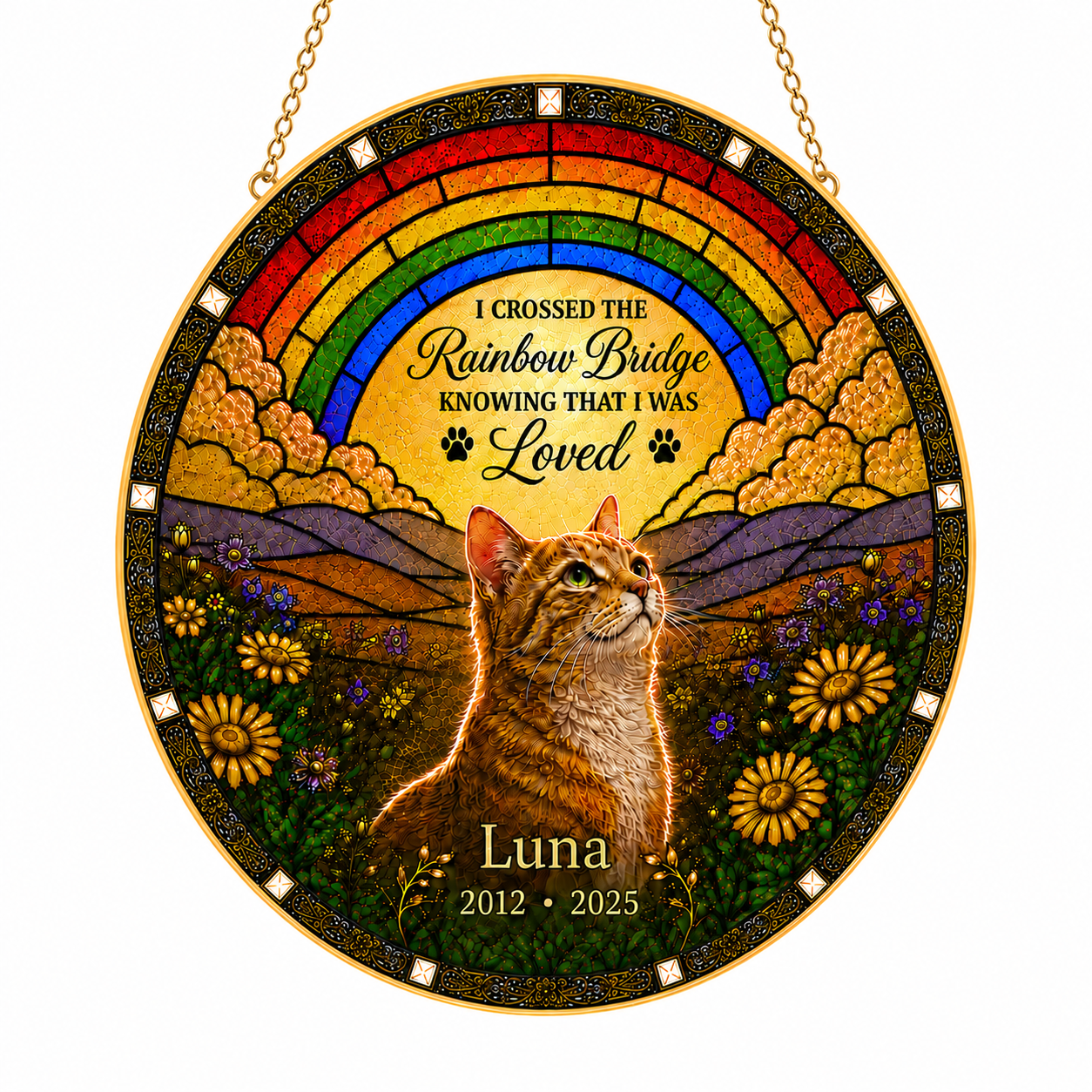 Personalized Rainbow Bridge Cat Memorial Glass Suncatcher