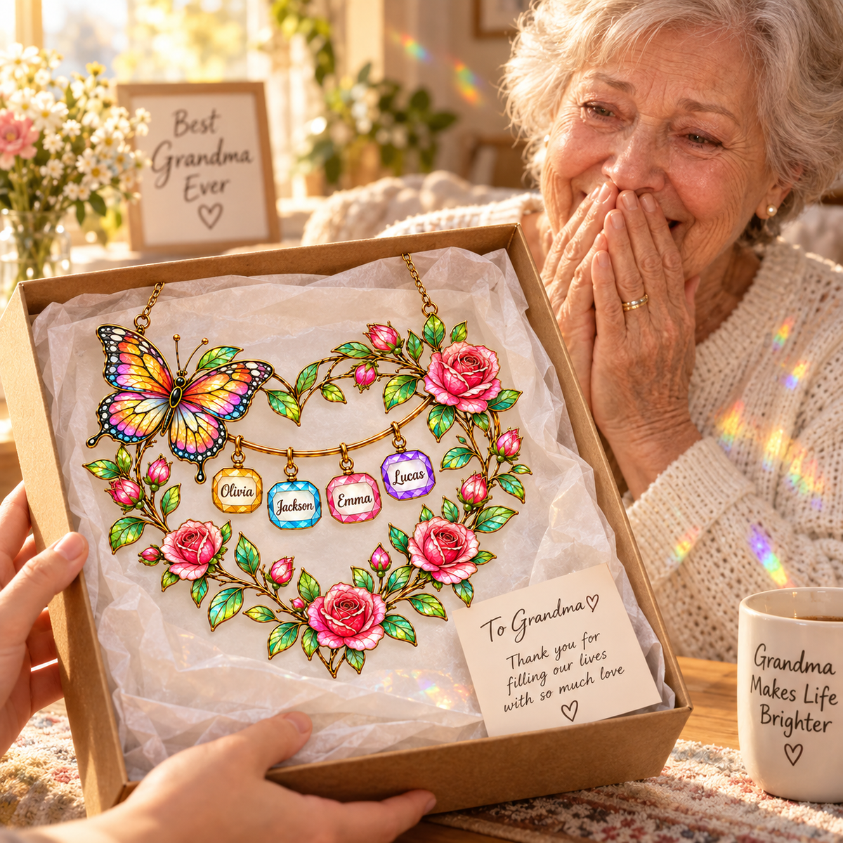 Personalized Grandma Butterfly Rose Heart Wreath Holographic Acrylic Suncatcher