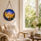 Decorative wall hanging with a dog design in a cozy living room.
