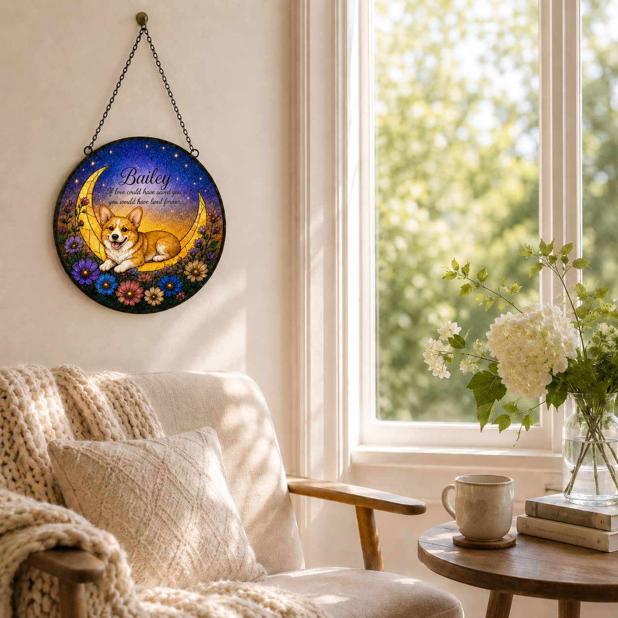 Decorative wall hanging with a dog design in a cozy living room.