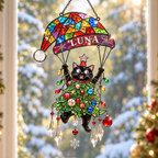 Personalized Black Cat Tangled in Christmas Tree Parachute Holographic Acrylic Suncatcher