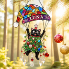 Personalized Black Cat Tangled in Christmas Tree Parachute Holographic Acrylic Suncatcher