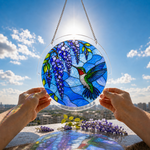 Hummingbird and purple wisteria puzzle suncatcher held outdoors against a bright blue sky and garden background
