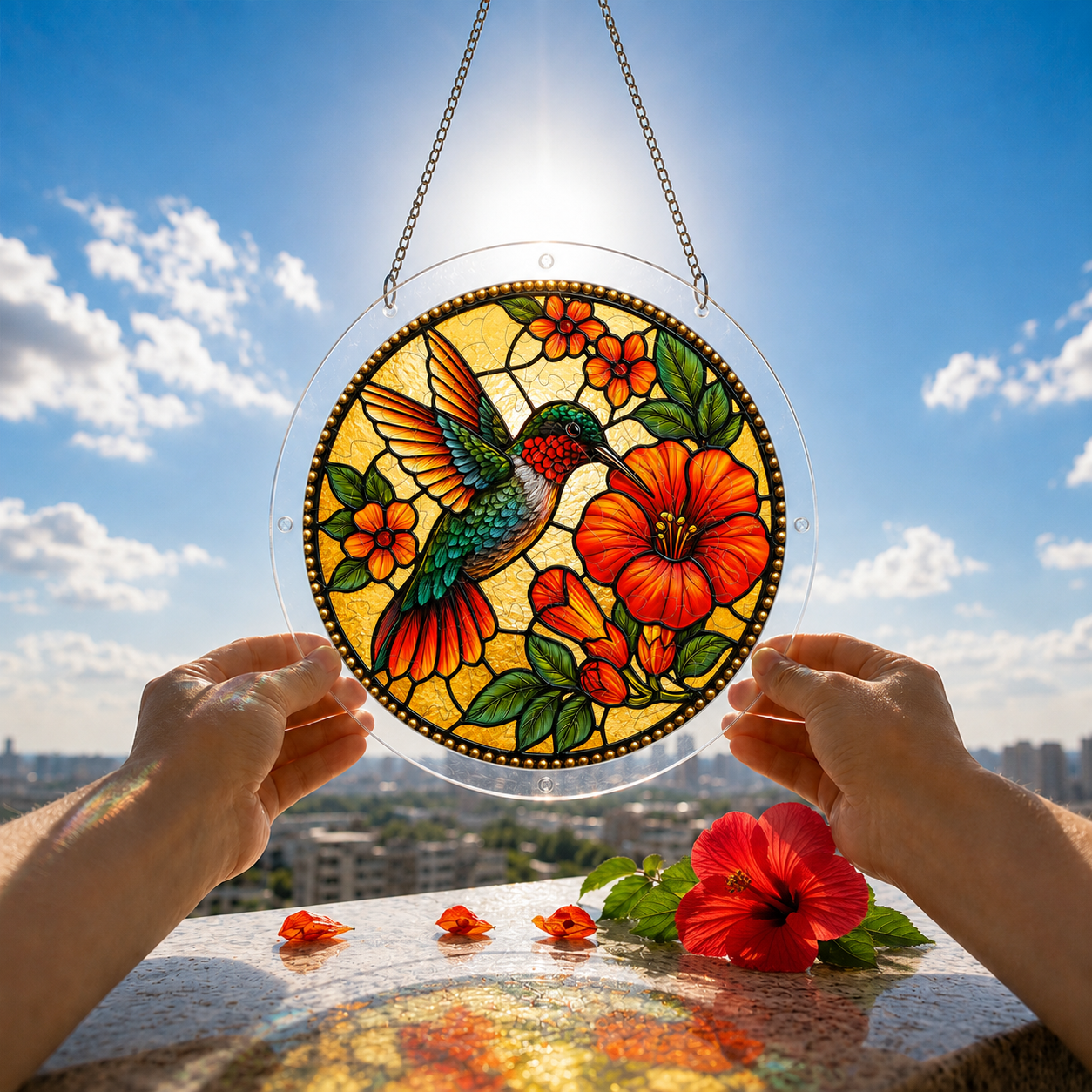 Hummingbird hibiscus puzzle suncatcher held outdoors against a blue sky and sunlit garden background