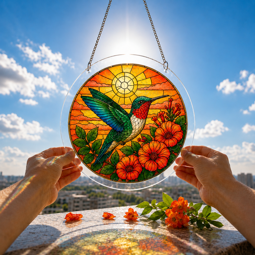 Hummingbird and orange flower puzzle suncatcher held outdoors against a bright blue sky and garden background