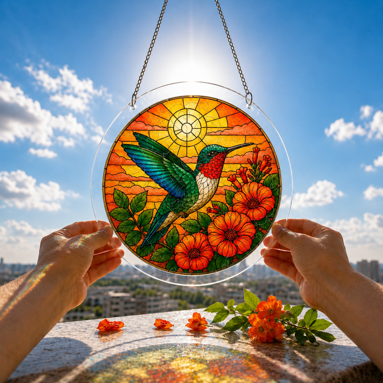 Hummingbird and orange flower puzzle suncatcher held outdoors against a bright blue sky and garden background