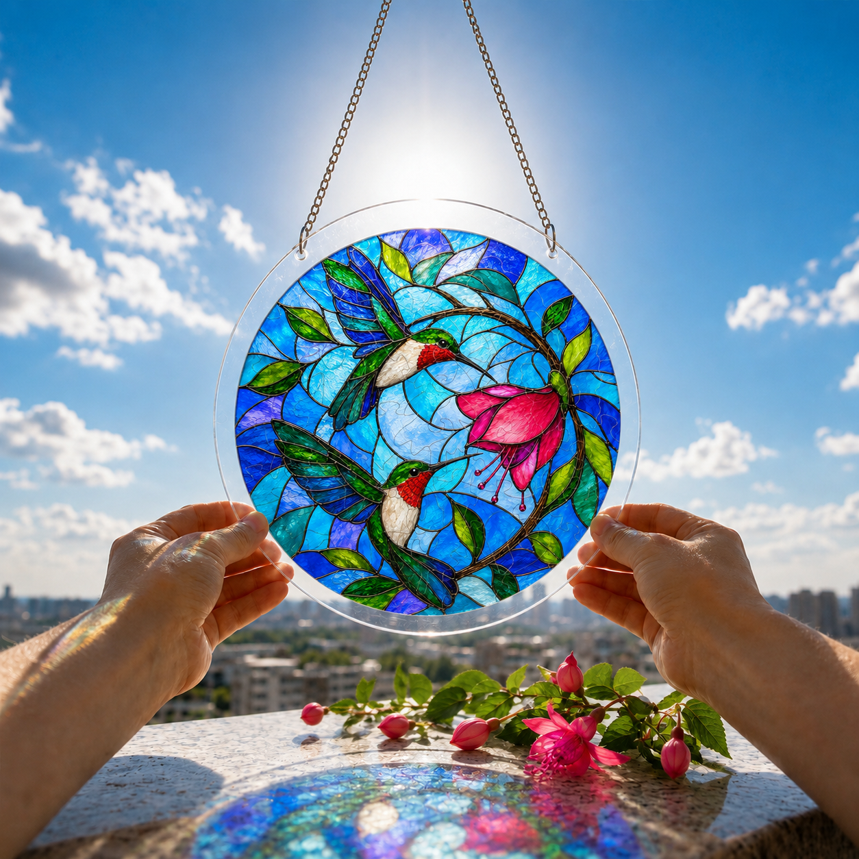 Hummingbird floral puzzle suncatcher held outdoors against a bright blue sky and garden background