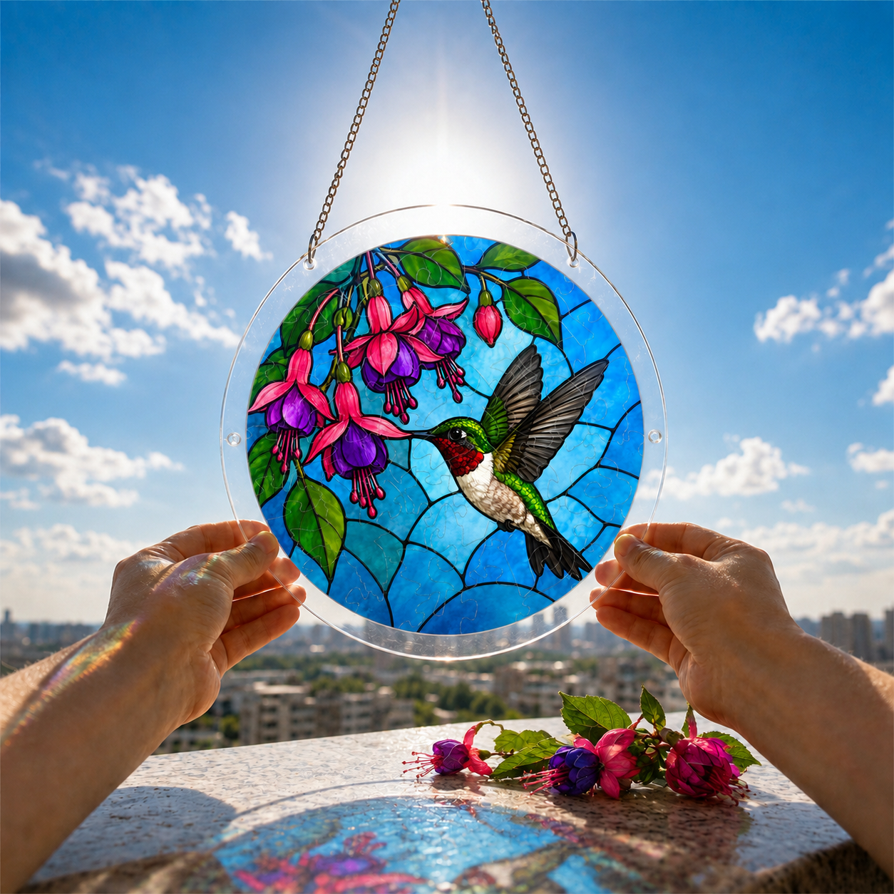 Hummingbird fuchsia puzzle suncatcher held outdoors against a bright blue sky and garden background
