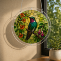 Decorative stained glass panel with a hummingbird and flowers hanging on a wall.