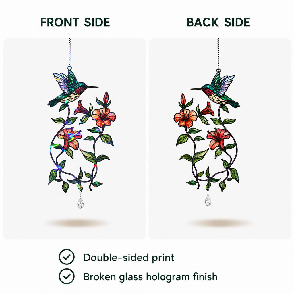 Front and back side view of a hummingbird blooming vine holographic acrylic suncatcher with double sided print