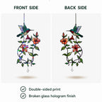 Front and back side view of a hummingbird blooming vine holographic acrylic suncatcher with double sided print