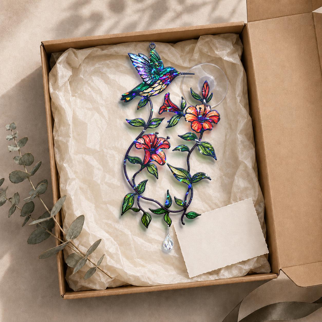 Hummingbird blooming vine holographic acrylic suncatcher packaged in a gift box with tissue paper
