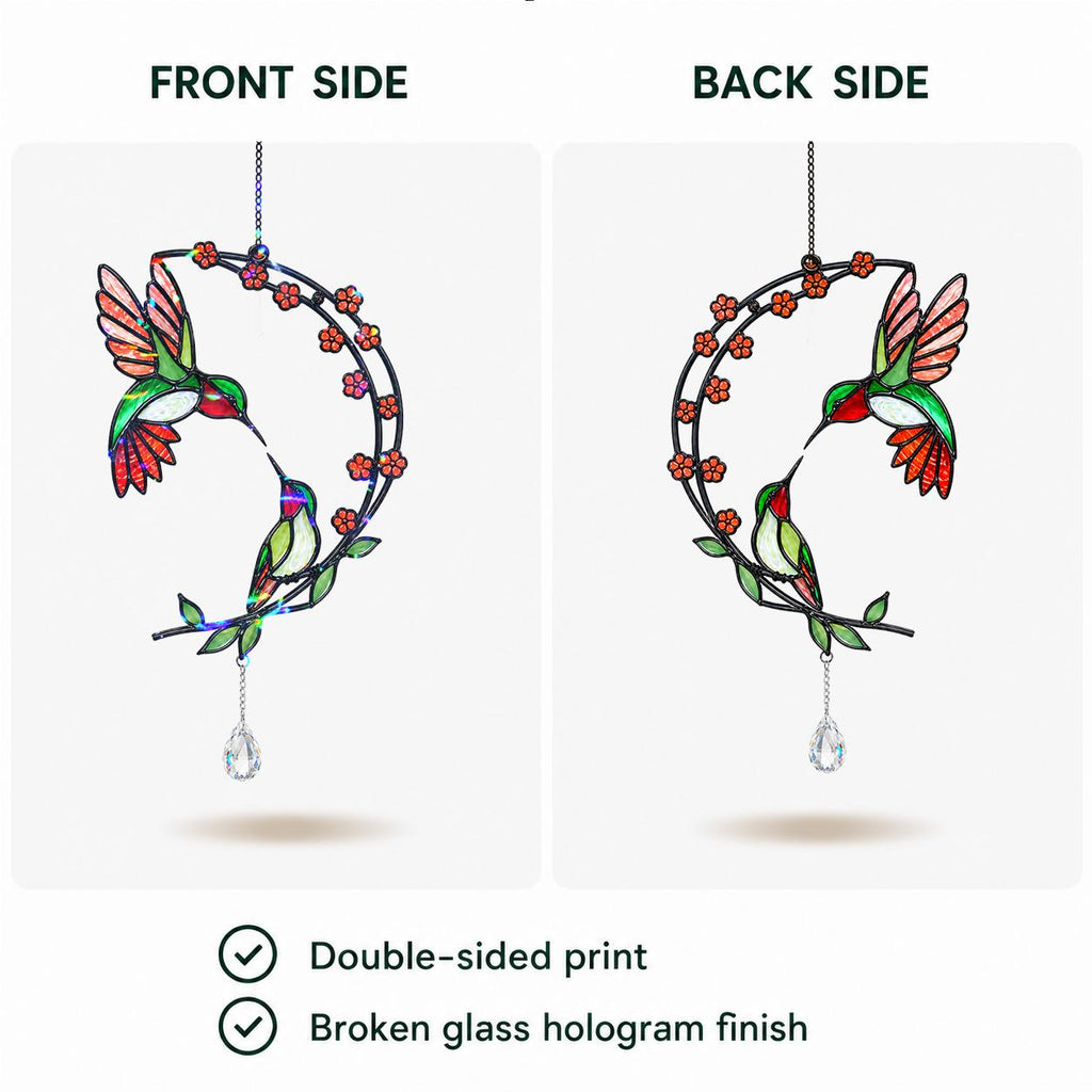 Front and back side view of a double sided hummingbird cherry blossom moon holographic acrylic suncatcher