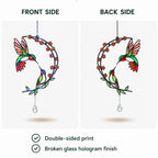 Front and back side view of a double sided hummingbird cherry blossom moon holographic acrylic suncatcher