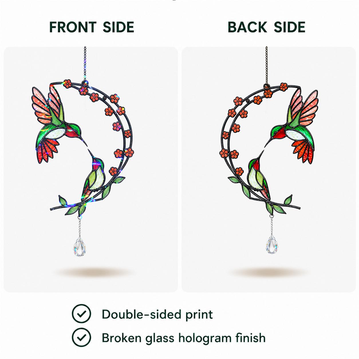 Front and back side view of a double sided hummingbird cherry blossom moon holographic acrylic suncatcher