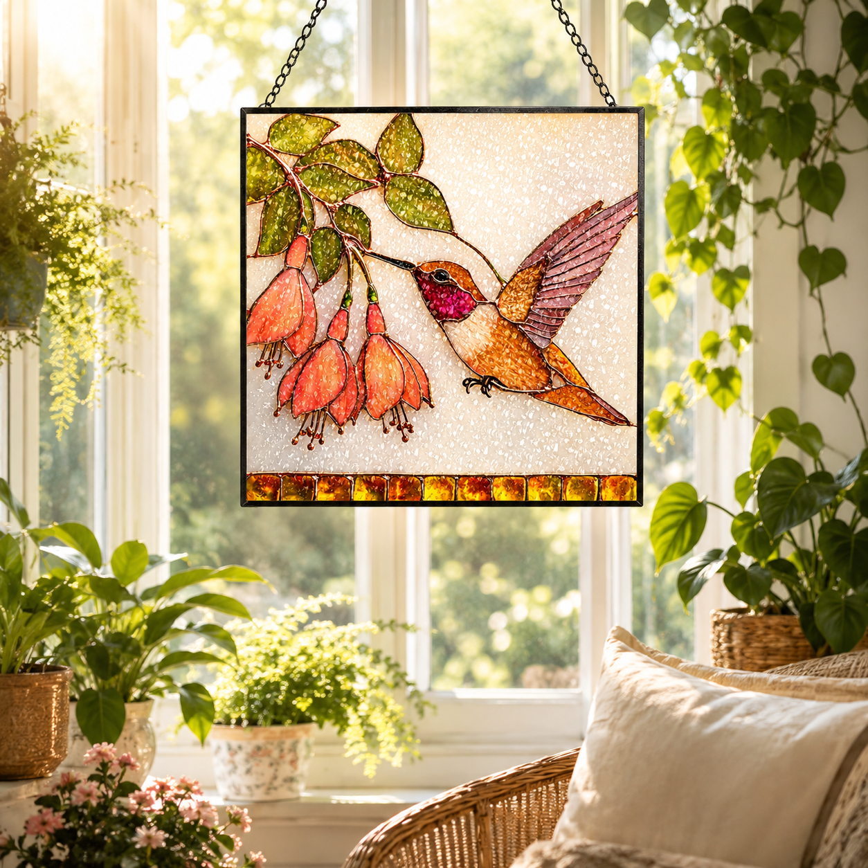 Square hummingbird fuchsia stained glass suncatcher hanging in a bright sunlit window, surrounded by green plants and cozy home decor.