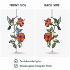 Front and back side view of a hummingbird hibiscus holographic acrylic suncatcher with double sided print