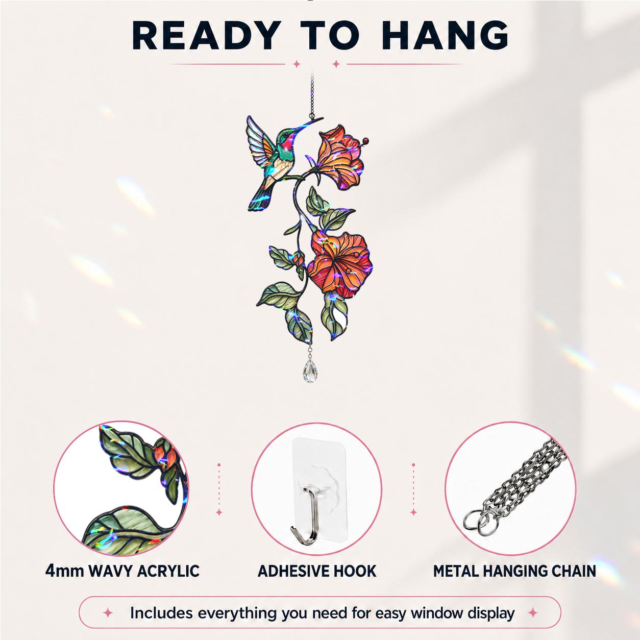 Ready to hang hummingbird hibiscus holographic acrylic suncatcher with adhesive hook and metal hanging chain