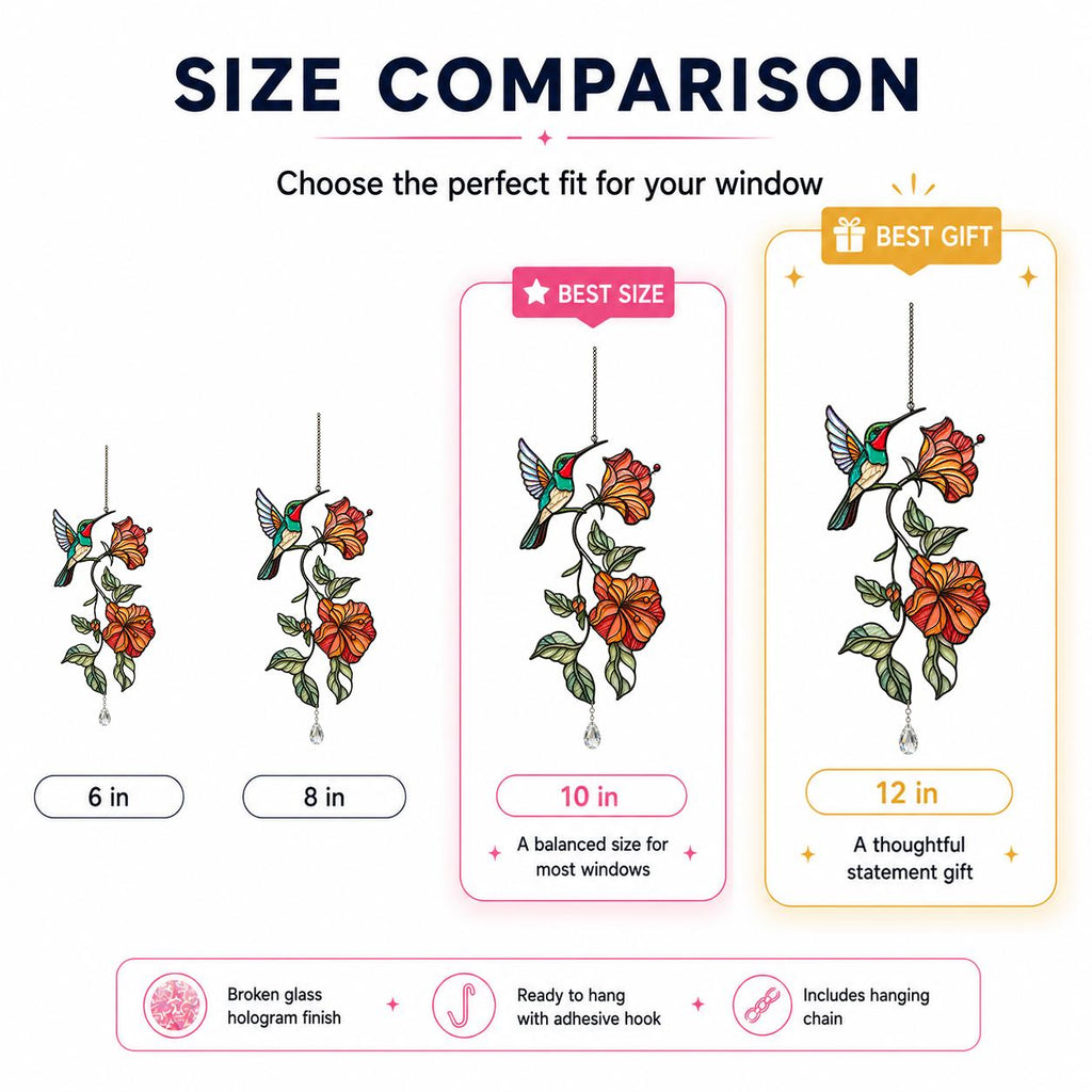 Size comparison chart for hummingbird hibiscus holographic acrylic suncatcher in 6 8 10 and 12 inch sizes
