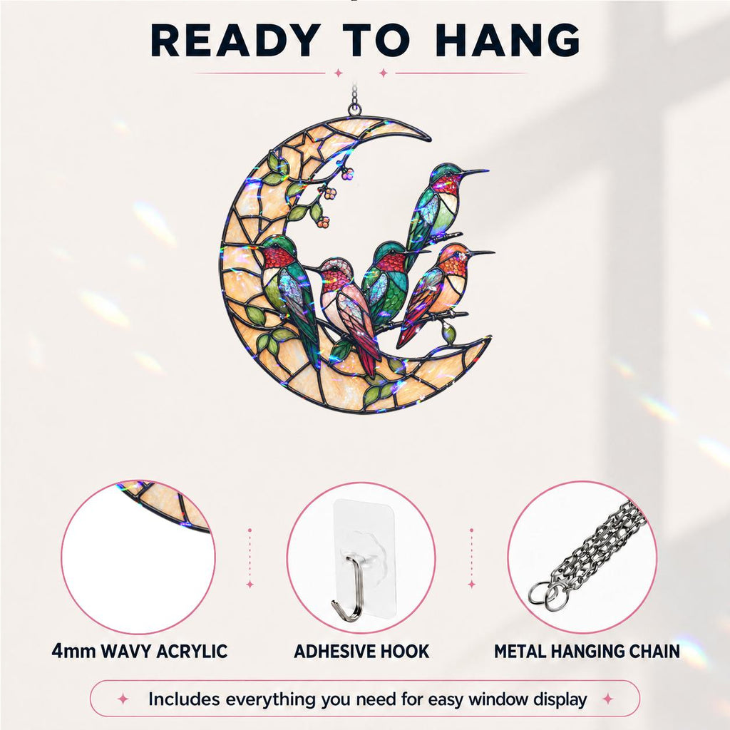 Ready to hang hummingbird holographic acrylic suncatcher with adhesive hook and metal hanging chain