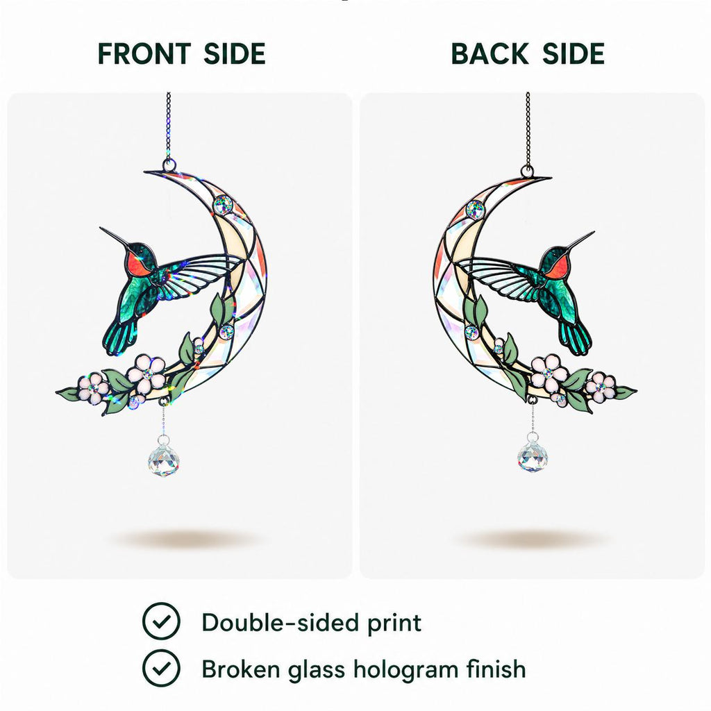 Front and back side view of a hummingbird moon blossom holographic acrylic suncatcher with double sided print