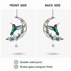 Front and back side view of a hummingbird moon blossom holographic acrylic suncatcher with double sided print