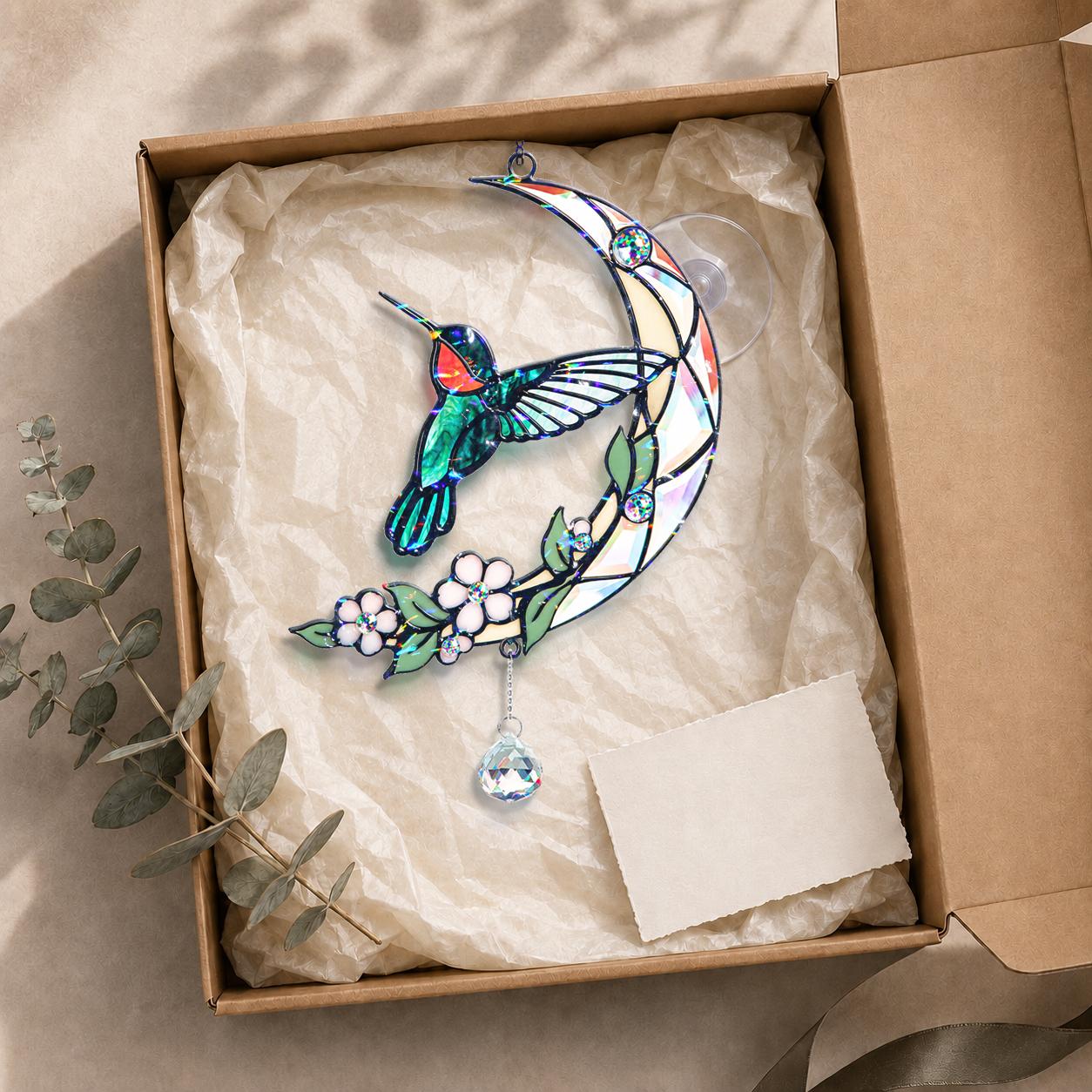 Hummingbird moon blossom holographic acrylic suncatcher packaged in a gift box with tissue paper