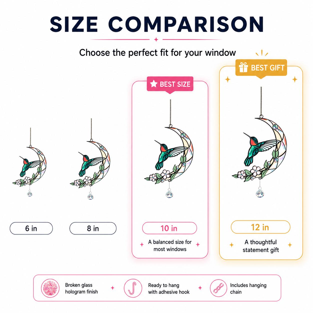 Size comparison chart for hummingbird moon blossom holographic acrylic suncatcher in 6 8 10 and 12 inch sizes