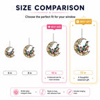 Size comparison chart for hummingbird crescent moon holographic acrylic suncatcher in 6, 8, 10, and 12 inch sizes