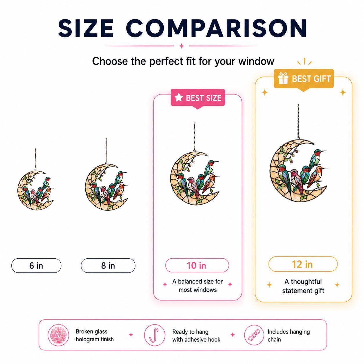 Size comparison chart for hummingbird crescent moon holographic acrylic suncatcher in 6, 8, 10, and 12 inch sizes