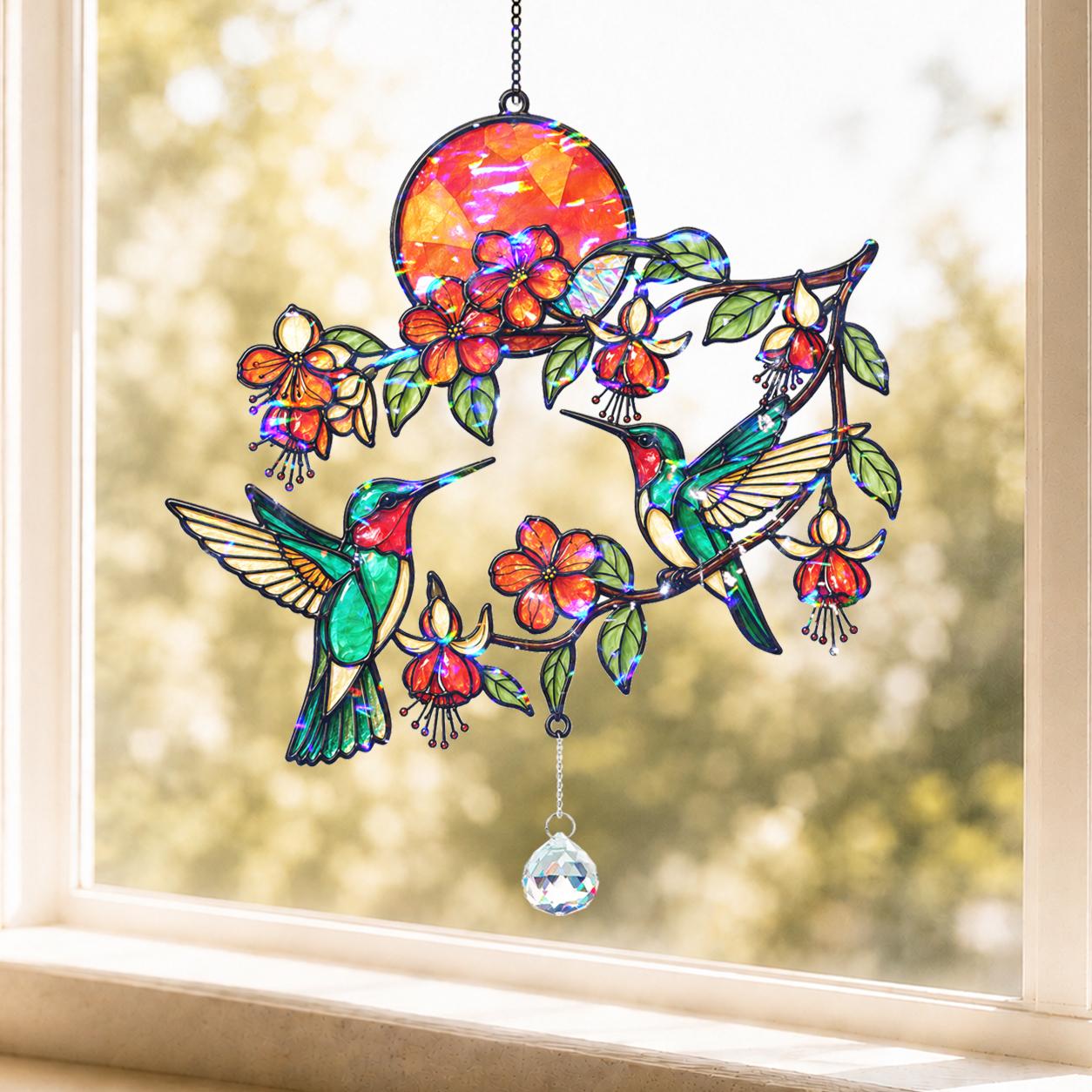Hummingbird and mushroom holographic acrylic broken glass suncatcher with charm hanging in a sunlit window.