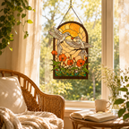 Layered plywood and acrylic hummingbird poppy garden suncatcher hanging in a sunny window beside a cozy wicker chair and reading nook.