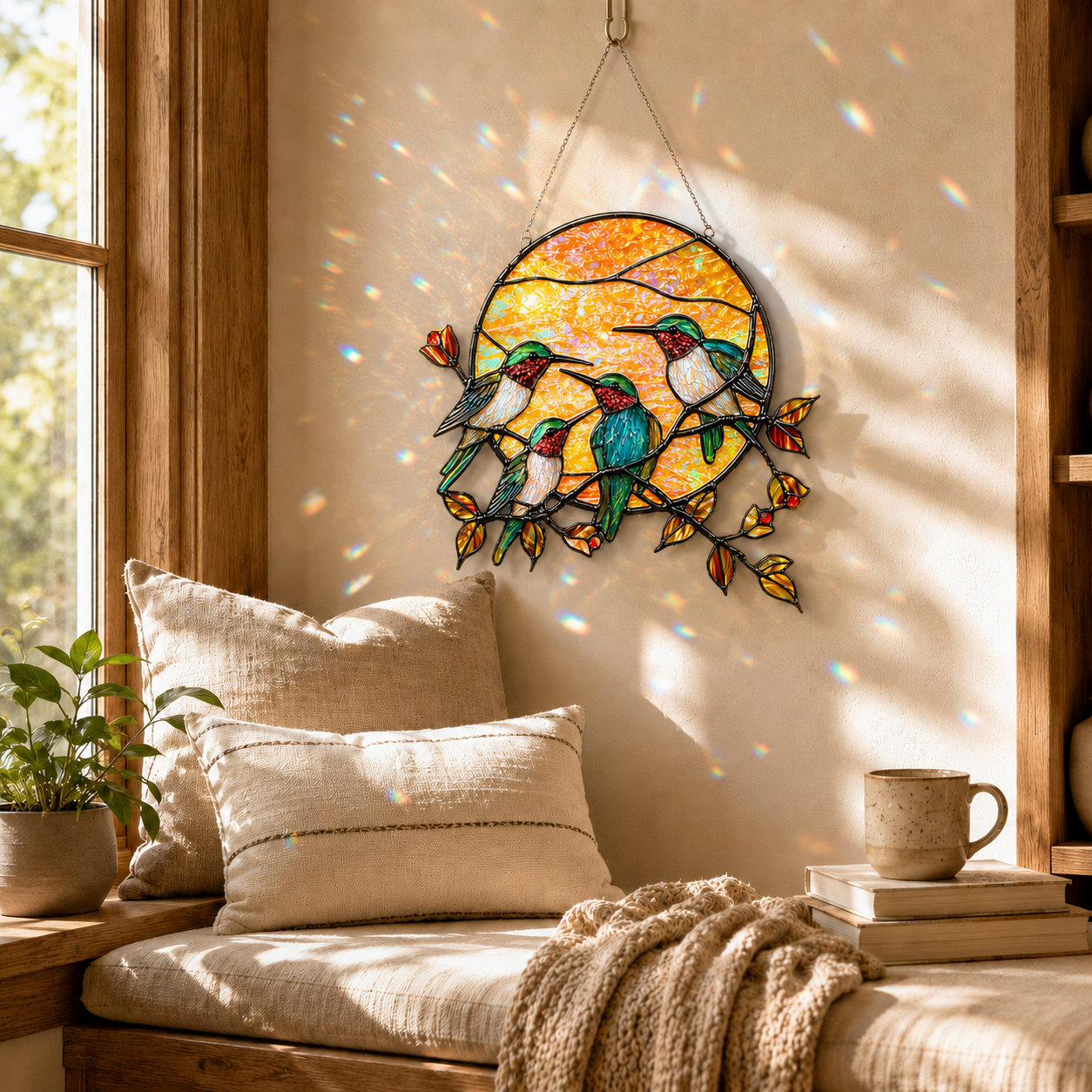 Hummingbird sun holographic acrylic suncatcher hanging in a cozy window nook with warm sunlight and rainbow reflections