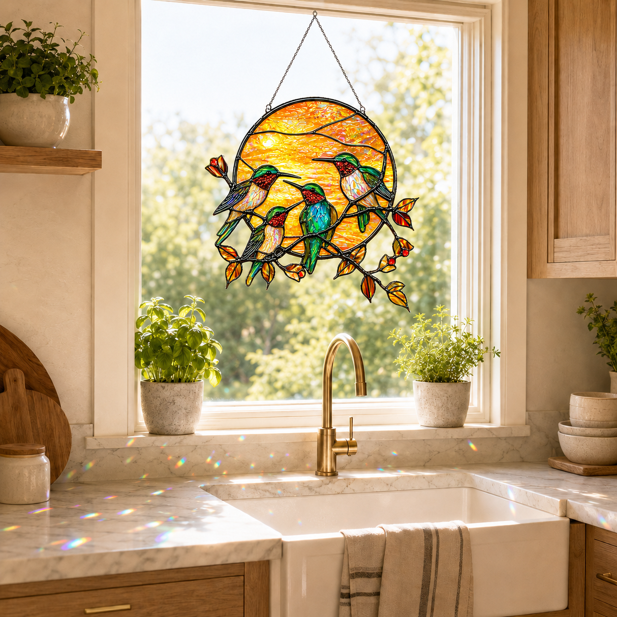 Hummingbird sun acrylic suncatcher hanging in a bright kitchen window with plants, warm light, and holographic reflections