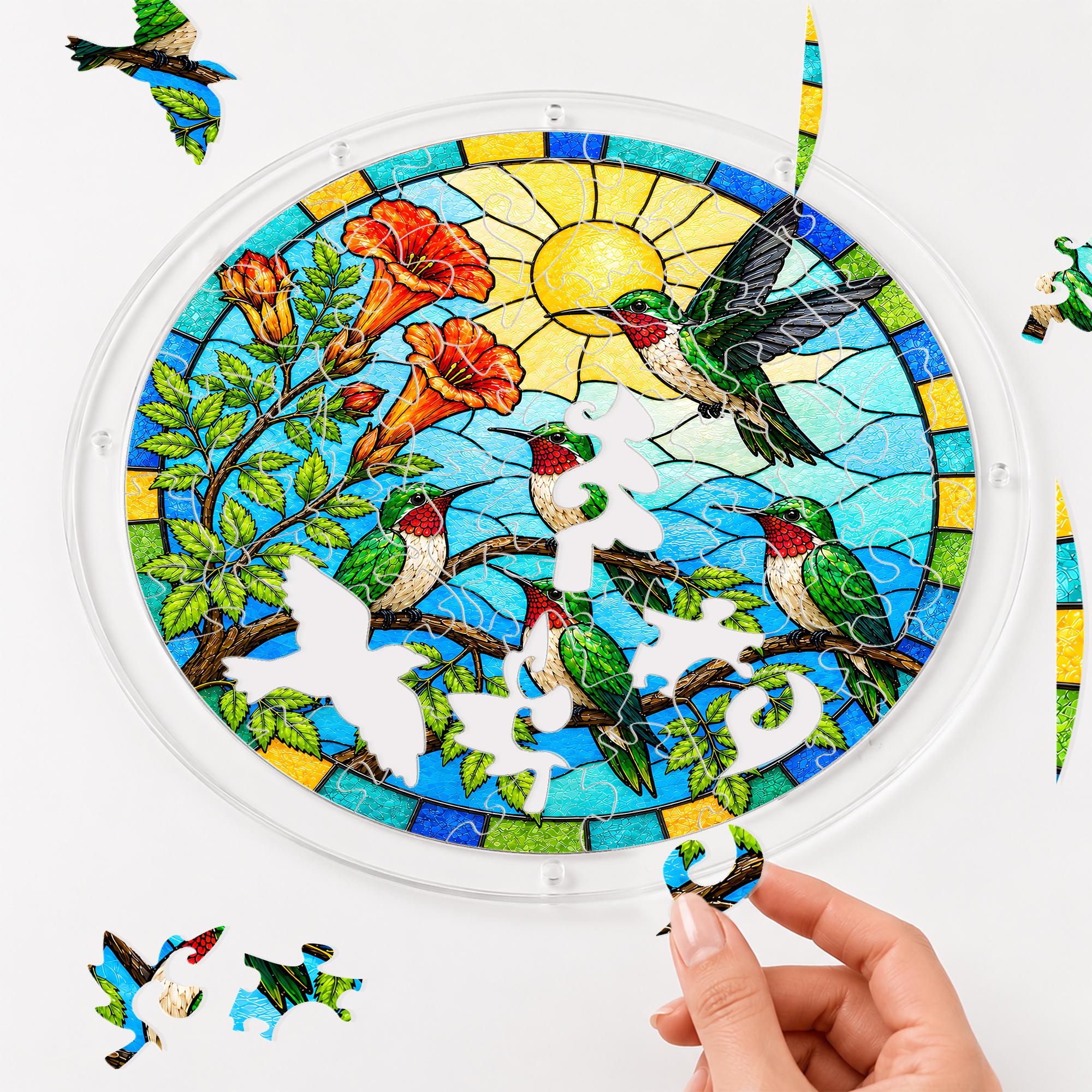 Hand placing an acrylic puzzle piece into a hummingbird sunrise garden suncatcher on a clean white background.
