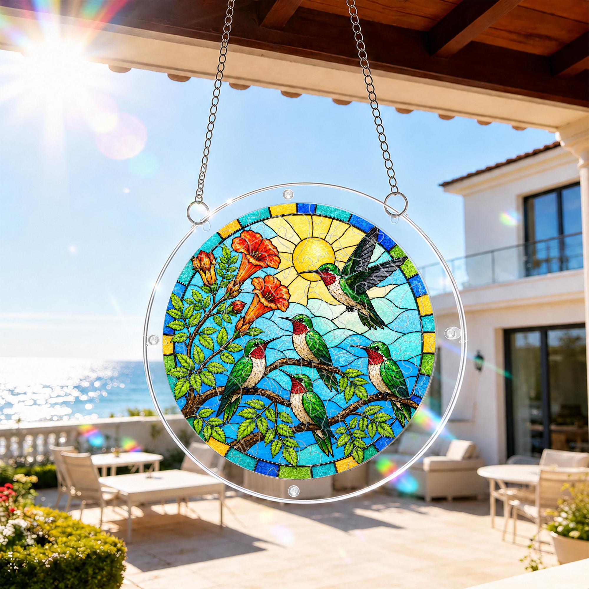 Round hummingbird puzzle suncatcher hanging by a sunlit balcony window with an outdoor view.
