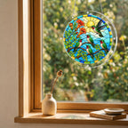 Hummingbird sunrise garden acrylic puzzle suncatcher hanging in a cozy wooden window with soft natural light.