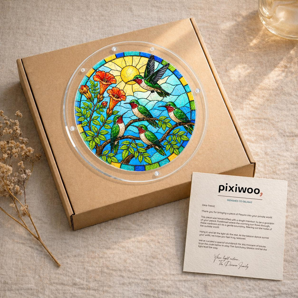 Hummingbird sunrise garden acrylic puzzle suncatcher presented on a kraft gift box with a Pixiwoo thank-you card.