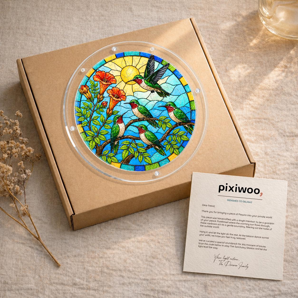 Hummingbird sunrise garden acrylic puzzle suncatcher presented on a kraft gift box with a Pixiwoo thank-you card.