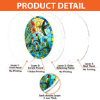 Product detail graphic showing the round hummingbird acrylic puzzle suncatcher and available size options.