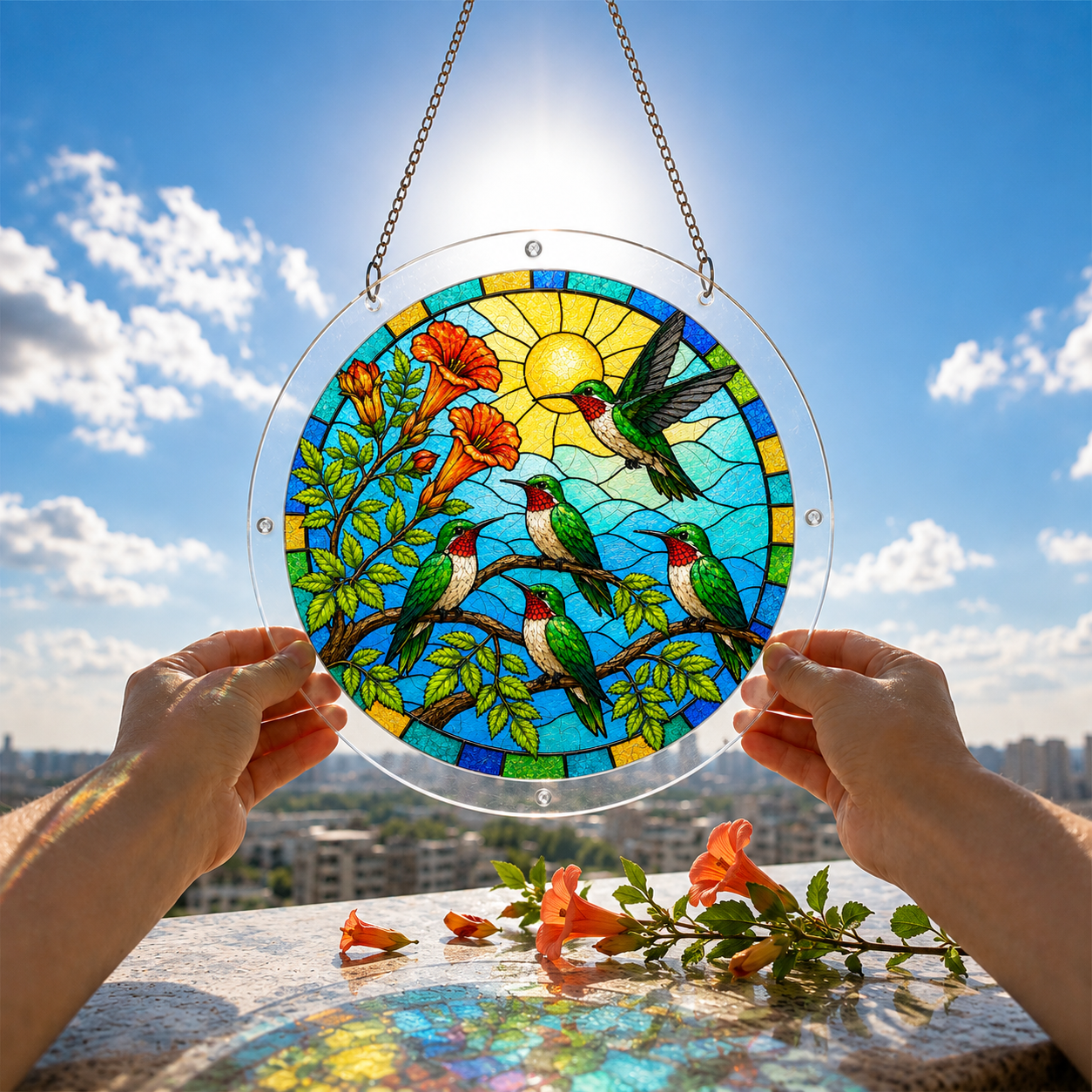 Round hummingbird acrylic puzzle suncatcher held against a bright blue sky with sunlight and garden scenery.