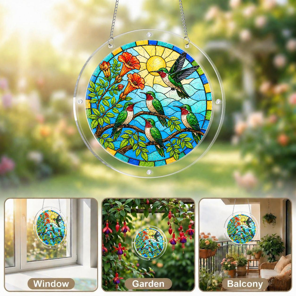 Hummingbird acrylic puzzle suncatcher catching natural light in a bright home window display.