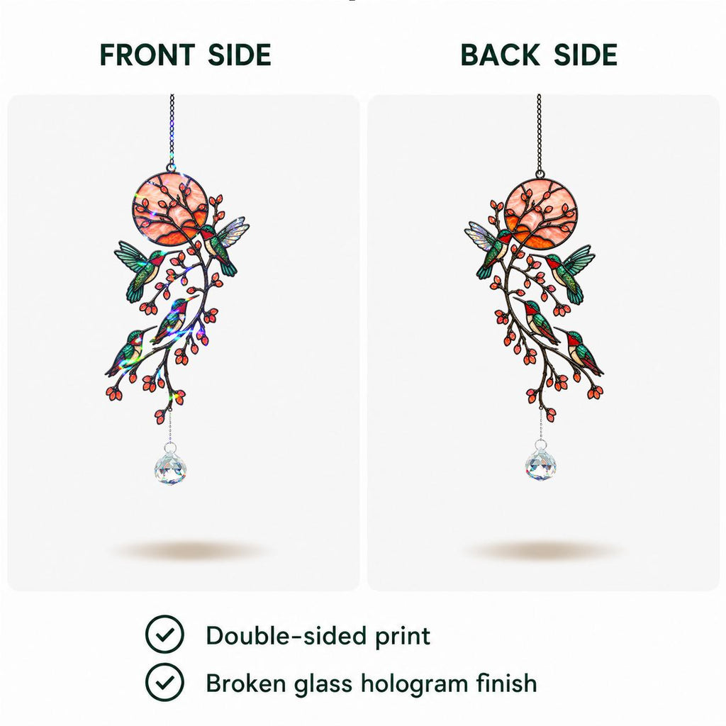 Front and back view of double-sided hummingbird holographic acrylic suncatcher